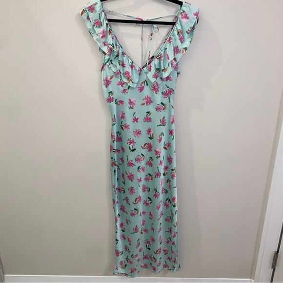 Zara Style 2157 / 046 Mint Green Pink Floral Ruffle Satin Slit Midi Dress Small - Picture 2 of 16